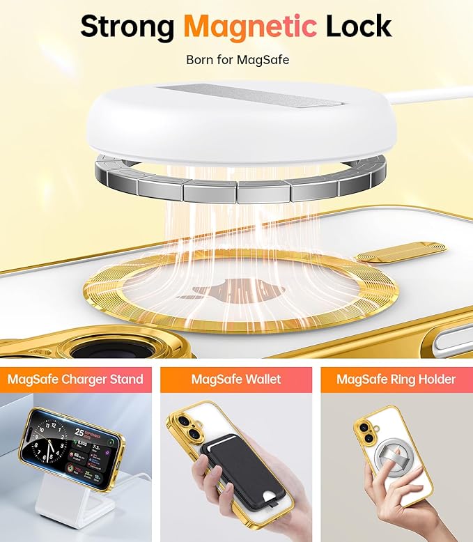 Meifigno Case Designed for iPhone 16 6.1 inch, [Compatible with MagSafe] [2X Screen Protectors] [Glitter Card & Wrist Strap] Surround Lens Protection Designed for iPhone 16 Case Girls, Gold