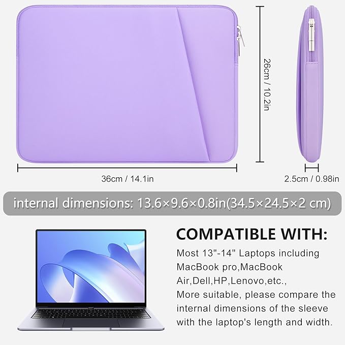 Laptop Sleeve Case with Zipper Accessory Pocket Compatible with 13 to 14 inches MacBook Air/Pro Padded Computer Pouch Cover Shockproof Protective for 13” to 14” Laptop/Chromebook/Tablet,Purple
