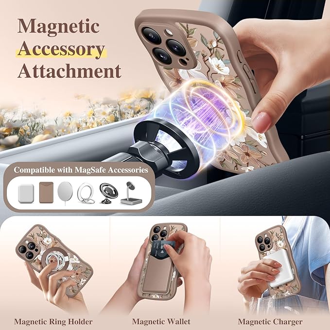 GVIEWIN for iPhone 15 Pro Case Compatible with MagSafe [Curly Wave Edge][Full Camera Protection] Floral Translucent Shockproof Magnetic Women Phone Case for iPhone 15 Pro 6.1'', Dogwood/Brown