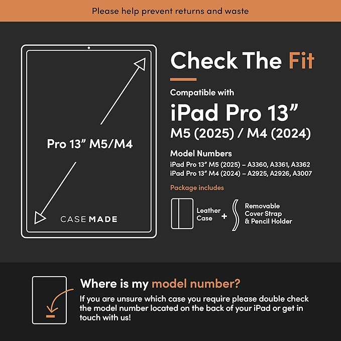 Casemade Real Leather Case Compatible with iPad Pro 13” M5 (2025)/M4 (2024) - Full-Grain Leather Cover, Auto Sleep/Wake, Dual Stand Position (Black)