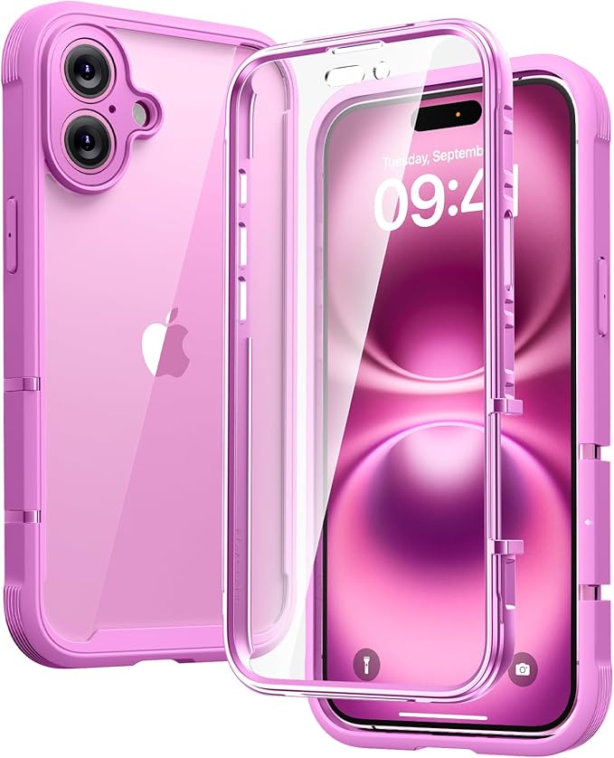 Diaclara Designed for iPhone 16 Case, Upgraded [Full Camera Protection] Full Body Rugged Bumper Case with Built-in Screen Protector, Rose Pink
