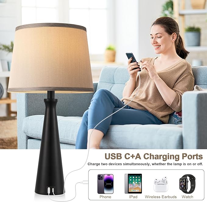 Seealle Modern Table Lamps Set of 2 - Touch Bedside Lamp for Nightstand with Dual USB C+A,3-Way Dimmable Nightstand Lamps for Living Room Bedroom End Table with Grey Shade(Bulb Included)