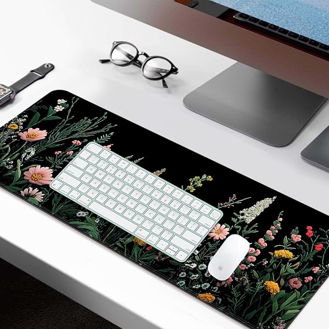 Pretty Wildflower Gaming Desk Mat, Computer Keyboard Large Extended Flowers Mouse Pad for Office and Home, 31.5×11.8 Inches, XL