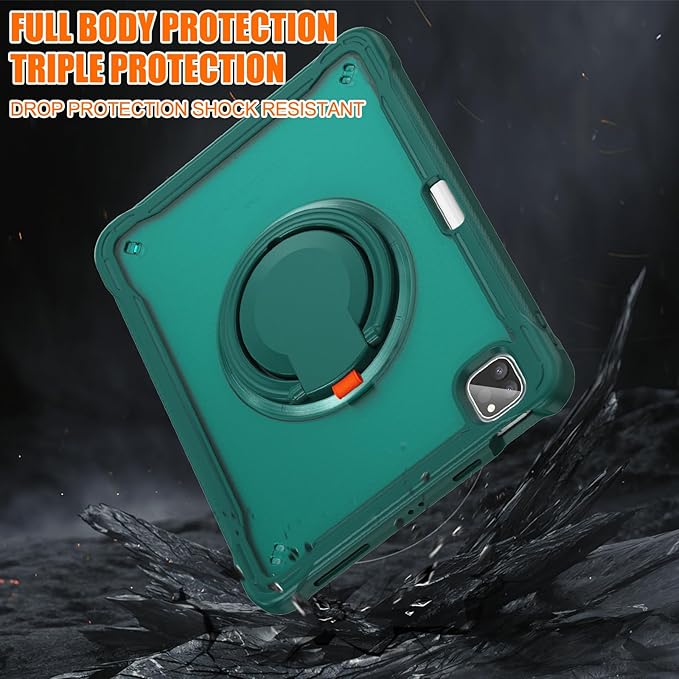 Batianda for iPad Pro 11 inch Case 2025 M5 2024 M4 Chip Lightweight Dual-Layer Protective Tablet Cover, Durable Shock-Absorbing Corners with 360° Rotating Kickstand Ring Built-in Pen Slot, Teal