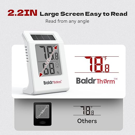 BaldrTherm 2.2'' Digital Thermometer and Hygrometer Meter, Solar-Powered Indoor Temperature Sensor Humidity Monitor, Humidity Gauge for Baby Rooms, Bedrooms, Home, Office, and Wine Cellars, 1Pack