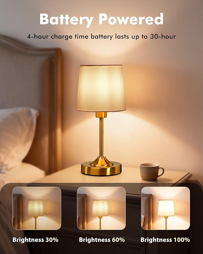 Cordless Table Lamp, 5000mAh Rechargeable LED Desk Lamp with 3-Level Dimmable Brightness, Portable Nightstand Light for Bedroom, Living Room, Bedside, Dining Room (Polished Gold) - 2 Pack