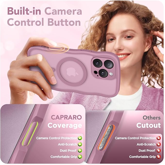 CAPRARO for iPhone 16 Pro Case for Women Girls, Upgraded [Full Camera Protection] [Compatible with MagSafe] Cute Wave Translucent Matte Phone Case for iPhone 16 Pro, Black Currant