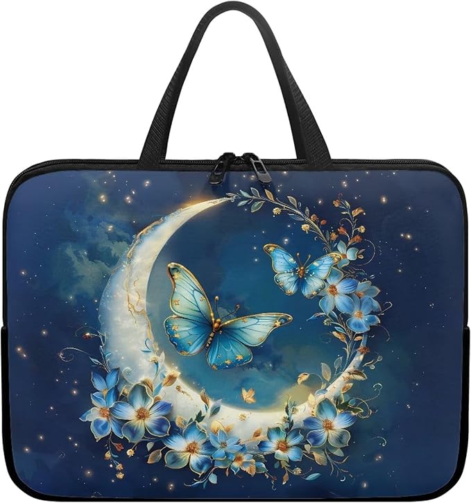 Blue Butterfly Moon Computer Bag Sleeve with Handle, Protective Tablet Case with Zipper, Women Sturdy Laptop Bag, Portable Notebook Sleeves Handbag for Travel/Business/School