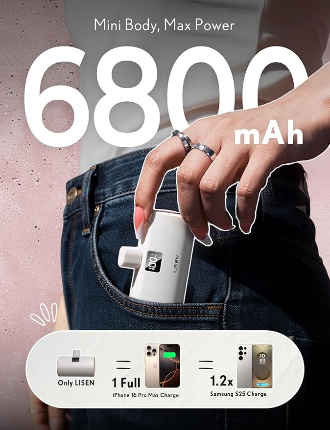LISEN 6800mAh Mini Portable Charger USB C Power Bank Travel Essentials for iPhone 17 Pro Max 22.5W Fast Charging[USB-C Only, Flight-Safe] for iPhone 17 Pro Max 16 15, Samsung S26 S25 Ultra,iPad,White