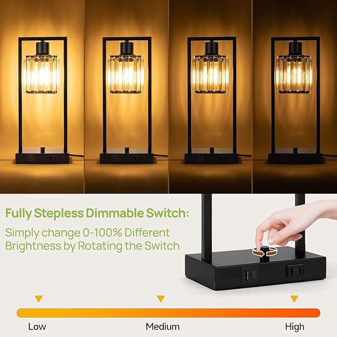 16" Desk Lamps for Home Office, Bedside Lamps with USB C+A Ports and Outlet, Black Fully Stepless Dimmable Industrial Table Lamps with Crytal Glass Shade for Reading Living Room, LED Bulbs Included