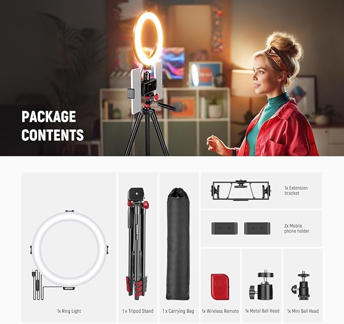 NEEWER Basics 8" Selfie Ring Light with Tripod Stand/2 Phone Holders Compatible with iPhone/3 Cold Shoes/Remote, LED Ringlight Lighting for YouTube TikTok Vlog Video Recording Makeup Streaming, R08