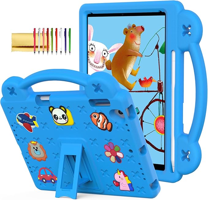 Dteck Kids Case for iPad 9.7 Inch 6th/5th Gen 2018/2017 & iPad Air 2/1 & iPad Pro 9.7,Cartoon Panda Shockproof Rugged Lightweight Pencil Holder Convertible Handles Stand Kids Friendly Case,Sky Blue