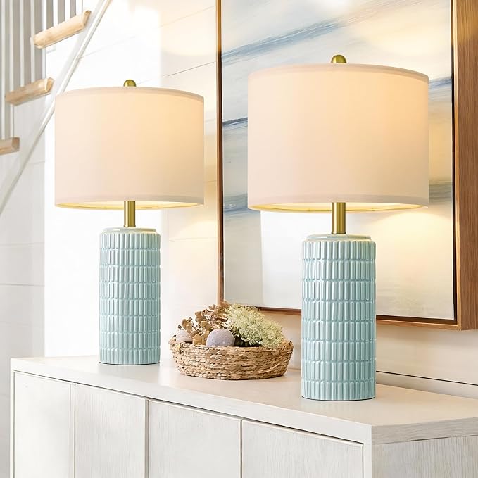 PoKat 23" Light Blue Table Lamps Set of 2, Modern Bedside Lamps for Bedroom, Coastal Ceramic End Table Lamps for Living Room, Ocean Nightstand New Home Decor Lamps