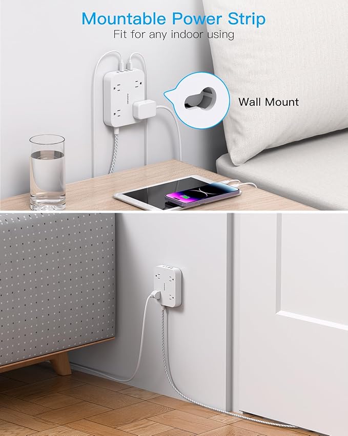 10 Ft Extension Cord, HANYCONY Ultra Thin Flat Power Strip with 4 Outlets 4 USB Ports (2 USB C), Wall Mount, Multi Plug Outlet Extender Desk Charging Station for Office Travel Dorm Room Essentials