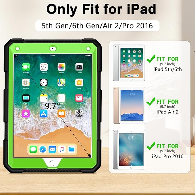 MENZO Shockproof Case for iPad 5th Gen/6th Gen/Air 2/Pro 9.7-inch with 360° Swivel Stand, Pencil Holder, Detachable Hand and Shoulder Strap, Black+Green