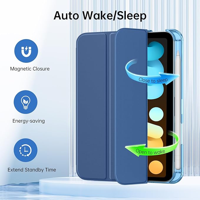 MoKo for iPad mini 7 A17 Pro Case 2024, iPad mini 6th Generation Case 8.3 Inch 2021 with Pencil Holder, Slim Light Trifold Smart Protective Cover with Hard PC Translucent Back Shell, Navy Blue