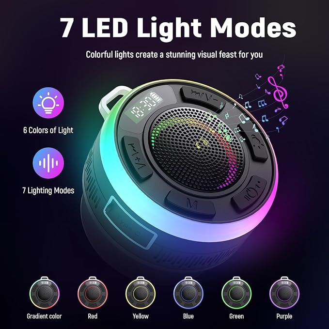 IPX7 Waterproof Shower Bluetooth Speaker, Portable Small Speaker with Suction Cup and Time Display, Loud Crystal Sound & Bass 10H Playtime 1100mAh, Wireless Shower Speakers for Pool, Beach Gift Black