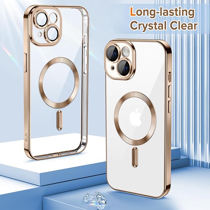 Hython Magnetic Clear for iPhone 14 Case with Camera Lens Protector [Compatible with MagSafe] Luxury Plating Edge Slim Soft TPU Cover Protective Phone Case for iPhone 14 6.1", Desert Brown