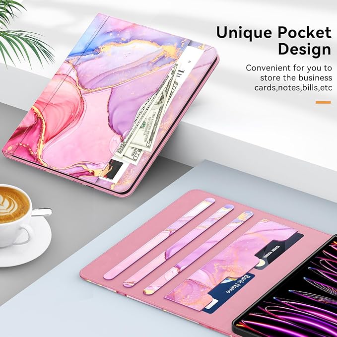 Zonefoker Case for New iPad Pro 12.9 inch 6th/5th/4th/3rd Generation 2022/2021/2020/2018, 12.9'' ipad Pro Leather Folio Protective Cover 6/5/4/3 Gen with Pencil Holder, Auto Wake/Sleep, Marble Pink