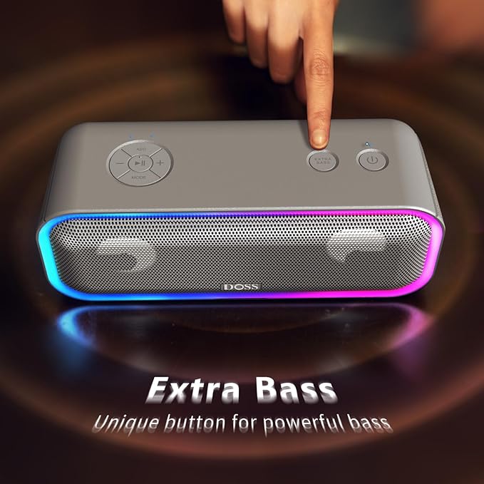 DOSS SoundBox Pro+ Bluetooth Speaker, Immersive 24W Stereo Sound with Booming Bass, IPX6 Waterproof, 15H Playtime, Mixed Colors Lights, Wireless for Backyard, Hiking, Garage, Party-Grey