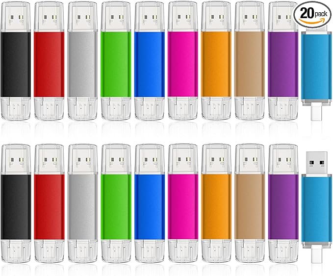 AreTop USB C Flash Drive 16GB 20 Pack, Type-C Flash Drive + USB 2.0 Thumb Drive OTG Memory Stick Compatible with iPhone 16/15, Android Smartphone/Tablets/Computers, 20 Pack, Mix-Colors