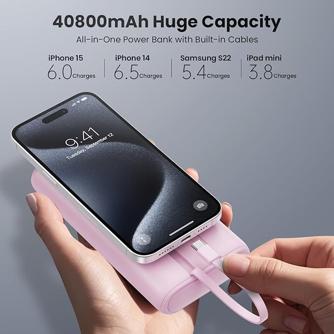 Upgraded Portable Charger 40800mAh Power Bank - Portable Battery with 2 Built in Cables,PD 25W USB C Fast Charging Battery Pack Compatible with iPhone 17 16 15 14 13 Android Phone Tablets etc-Pink