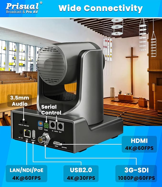 Prisual Ultra 4K PRO NDI PTZ Camera Gen 5, SDI HDMI USB IP with 20x Optical Zoom 1/1.8" UHD CMOS 8.42MP, 4K 60fps AI Auto-Tracking PTZ Camera with Tally Light (Official NDI Certified) TEM-4K20N PRO