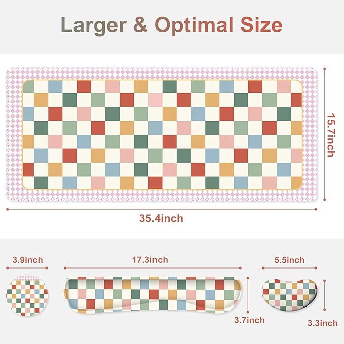 Vintage Macaron Checker Mouse Pad Set, 4 in1 Ergonomics Keyboard Desk Mat with Memory Foam Wrist Rest, Extended Game Mousepad, Large Gaming Non-Slip Desk Pad Matt Easy Typing Pain Relief