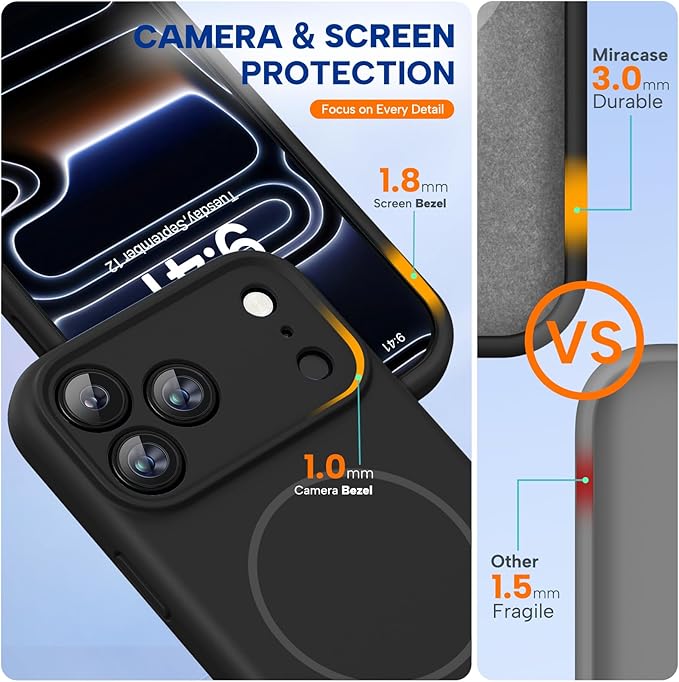 Miracase Magnetic for iPhone 17 Pro Max Case, Compatible with MagSafe, Integrated Silicone Camera Control Cover, 3.0mm Thicken Shockproof Drop Protection Phone Case for 17 ProMax, Black