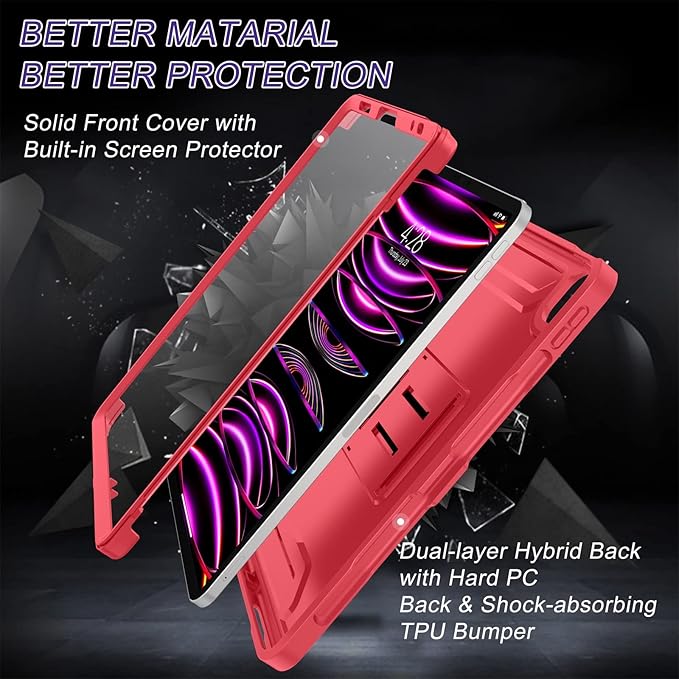 Soke Case for iPad Pro 11 Inch 2022/2021/2020/2018/iPad Air 5th/4th Generation,Built-in Screen Protector - Support 2nd Apple Pencil Charging - Heavy Duty Rugged Protective Kickstand Case - Red