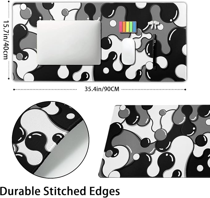 Black White Grey Mouse Pad XXL Anime Cool Geometric Japanese Extended Desk Mat 90X40 CM Non-Slip Rubber Base Stitched Edge Large Mousepad for Gaming Laptop Computer Desktop 35.4×15.7 Inch