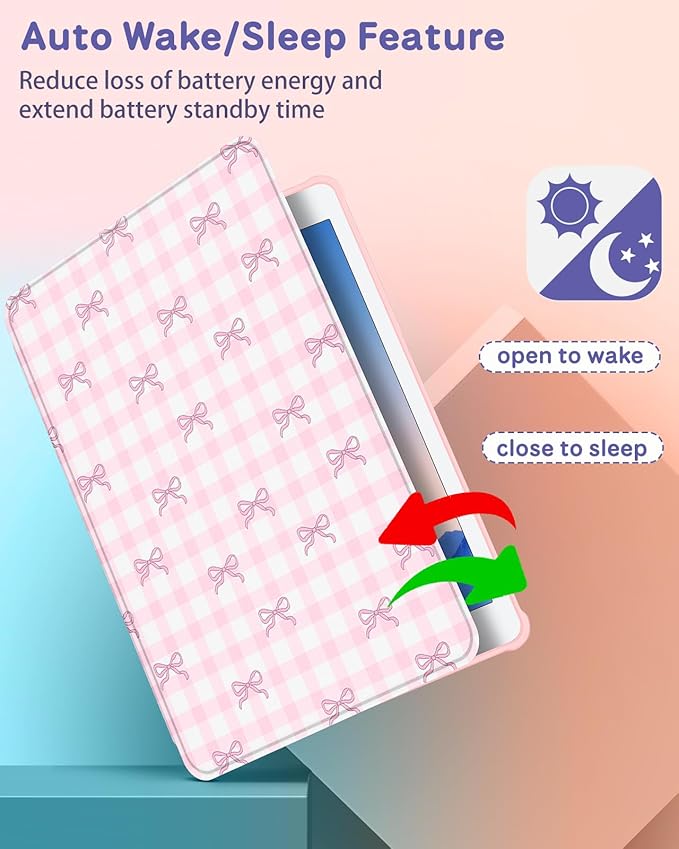 Uppuppy for iPad 5th/6th Generation Case for iPad Air 1st/Air 2nd/Pro 9.7 inch 2016 Case - 360 Rotating Stand Folio Smart Cover with Pencil Holder for Women Girls, Pink Bow Checkered for Apple Tablet