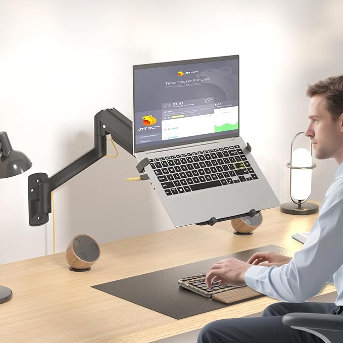 WALI Laptop Wall Mount, Single Monitor Arm for 17" Notebook and Up to 32" Screen, Full Motion Adjustable Monitor Wall Mount with Laptop Tray, VESA 75x75/100x100, Up to 15.4-22 Lbs (GSWM001LP), Black