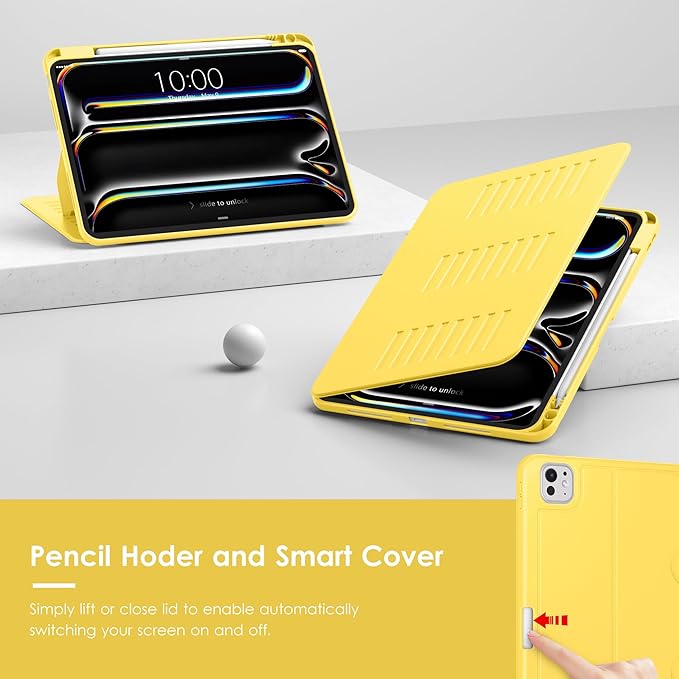 VIKESI Case for iPad Pro 11 inch (M5/M4) 2025/2024,Multiple Angles Stand Cover,Soft Back,Pencil Holder,and Auto Sleep/Wake,Yellow