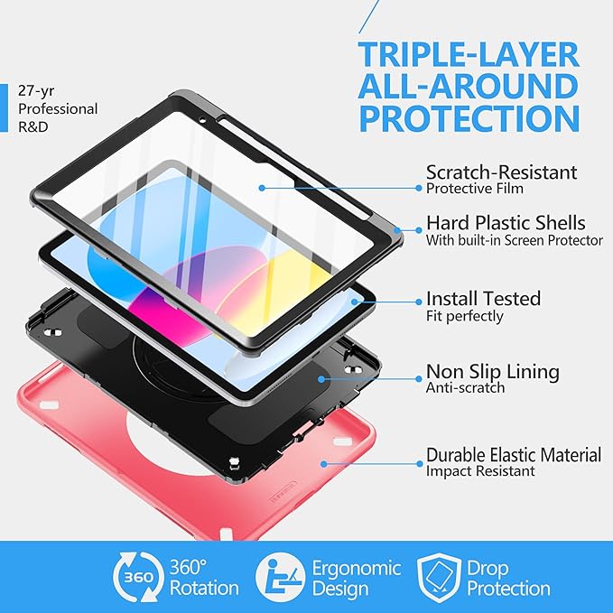 Case for iPad (A16) 11th/10th Generation Case: Protective Cover for iPad 11th Gen 11 Inch 2025 &10th Gen 10.9" 2022 with Screen Protector- Stand- Shoulder Strap- Handle- Pencil Holder-Light Pink