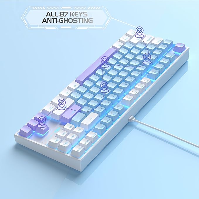 MageGee 75% Mechanical Gaming Keyboard, Blue Switch, LED Blue Backlit, 87 Keys Compact TKL Wired Keyboards for Windows Laptop PC Gamer - Blue/White