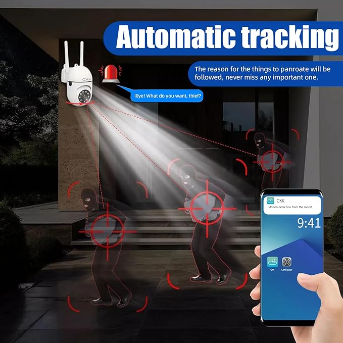 CKK 1080P Security Camera Outdoor Corded Power, 2MP PTZ WiFi Home Camera (2.4G/5G Dual-Band), 360° Pan/Tilt, Color Night Vision, Motion Alerts, 2-Way Audio, Compatible with Alexa, SD/Cloud Storage