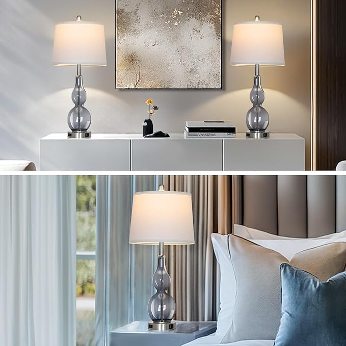 Rinweey 27.5" Gray Clear Glass Table Lamp Set of 2,3-Way Dimmable Touch Control Bedside Lamps with USB Ports and AC Outlet, Modern Nightstand Lamps for Bedroom Living Room