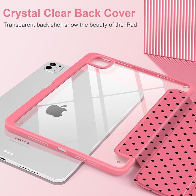 Case for iPad Pro 11 Inch (M5 2025 M4 2024) – [Built-in Pencil Holder], Shockproof & Stylish, Clear Hard Back + Soft TPU Edge, Magnetic Trifold Stand, Auto Wake/Sleep, Rose red Polka dot
