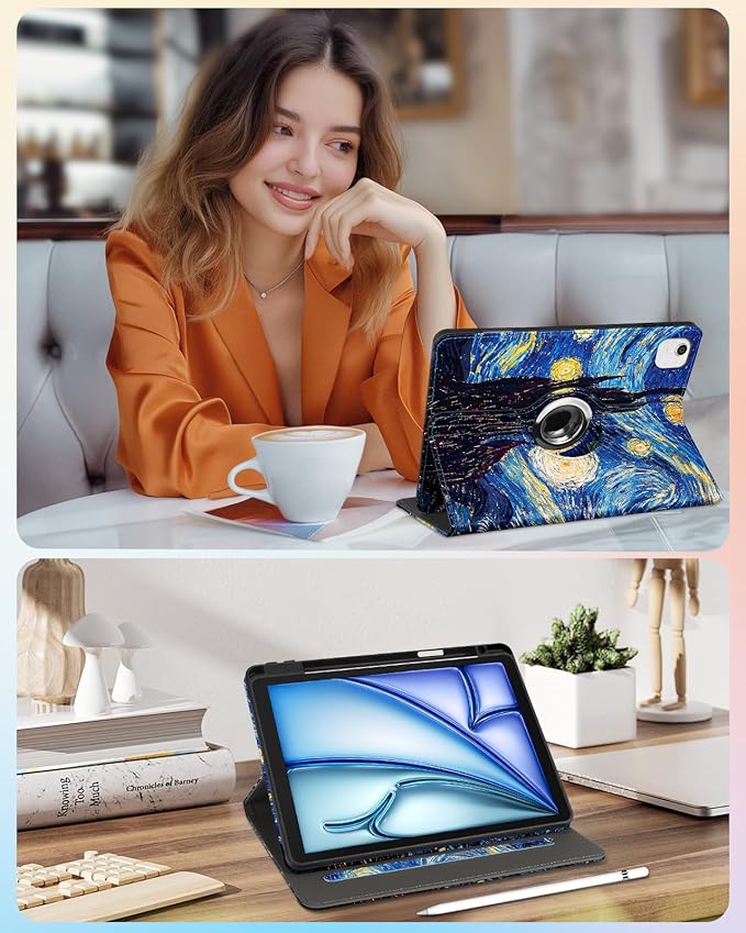 Kidcube for iPad Air 11 Inch Case M3/M2, Air 5th/4th Generation Cases 10.9'', Pro 11'' 2020 - Women Girls Aesthetic Cute Rotating Stand Folio Cover with Pencil Holder & Card Slot Cool Unique Teens