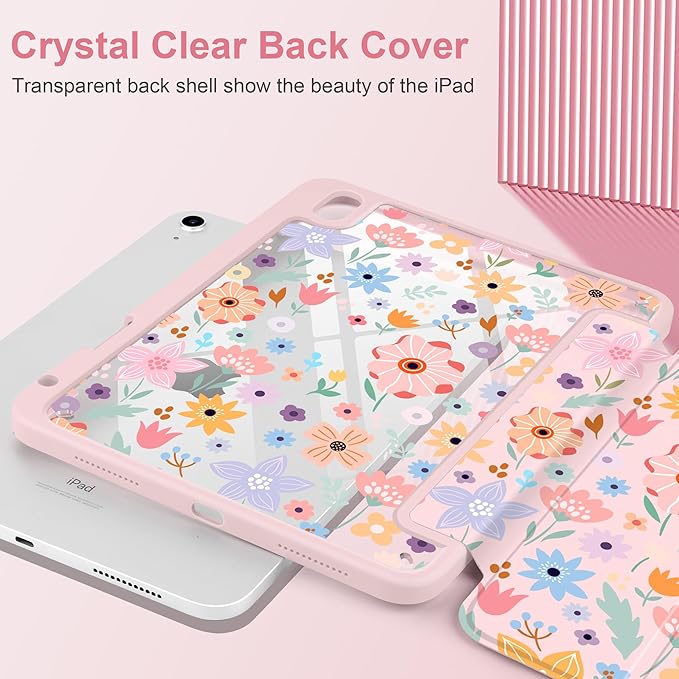 Case for iPad Air 11 inch M4 2026 M3 2025 M2 2024 Release with Pencil Holder Cute Patterns Trifold Cover with Clear Back Shell Magnetic Wake Sleep Design for Girls Women,Pink Flowers