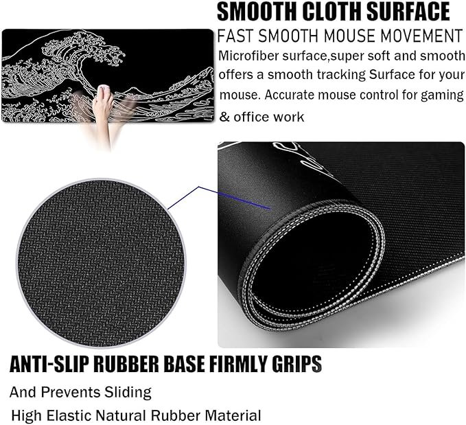 Large Gaming Mouse Pad, Waterproof Extra Large Big Mouse Pad with Stitched Edge, XXXL Non-Slip Black Computer Long Mousepad for Gamer, Office & Home, Wave Lines