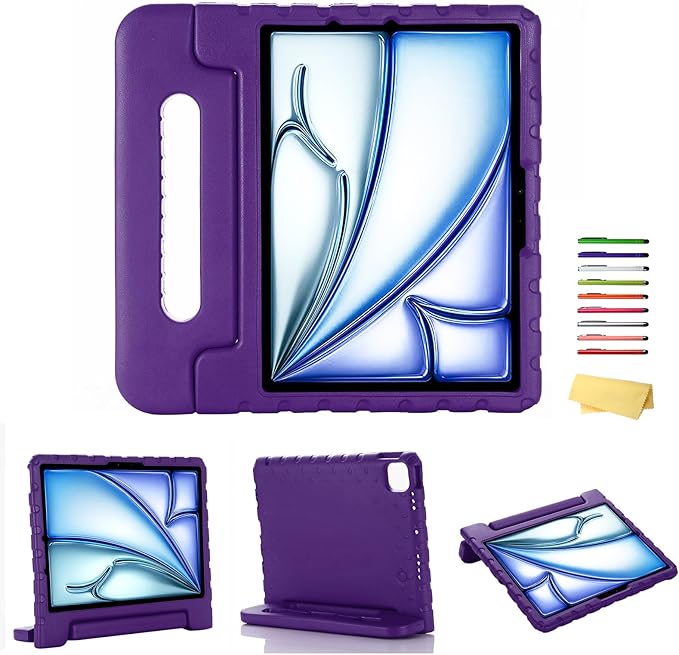 for iPad Air 11-inch Case M3/M2 (2025/2024) for Kids with Pencil Holder/Kickstand, Anti-Slip Handle Stand Lightweight Soft EVA Foam Shockproof Rugged Bumper Tablet Protective Cover, Purple