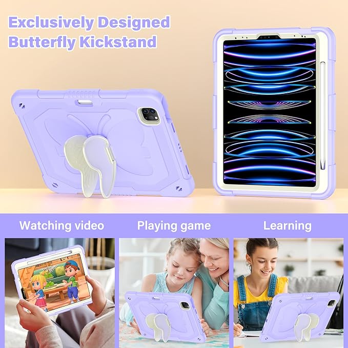 HOGENL for iPad Pro 11 inch Case for Kids Girl with Pencil Holder, for iPad Air 5th/4th Generation Case 10.9" with Butterfly Stand Shoulder Strap Protective Cover for pro 11 4th/3rd/2nd/1st, Purple