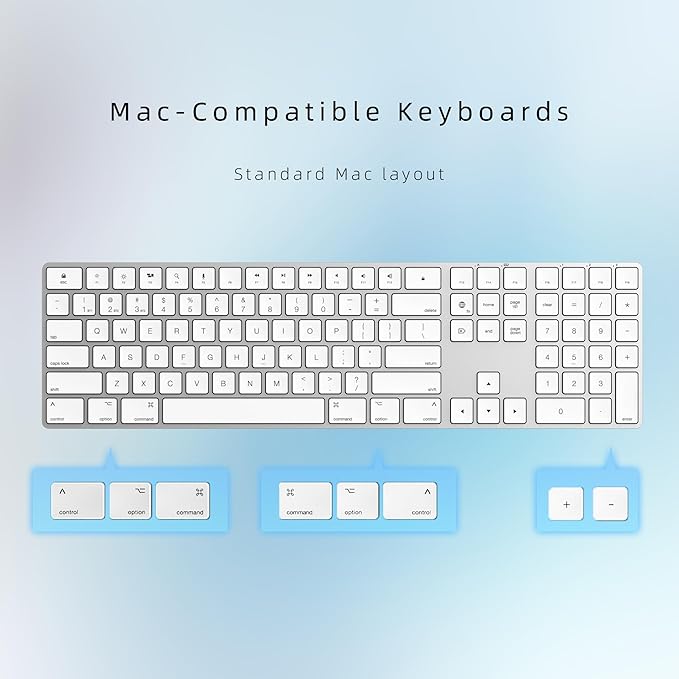 Bluetooth Slim Keyboard for Mac, Aluminum Rechargeable Keyboard Wireless, Low-Profile Silent Flat Key Compatible with Apple iMac, MacBook, Mac and iOS, Full Size - Silver White
