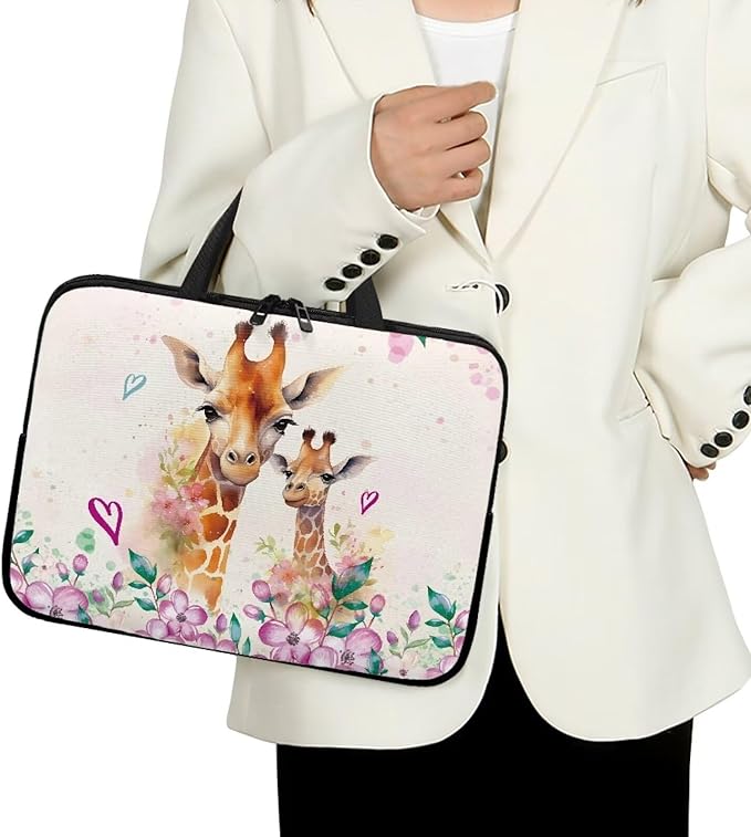 17 Inch Giraffe Flowers Laptop Sleeve, Laptop Cover Computer Bag Tablet Carrying Case with Handle, Zipper Tote Bags Notebook Sleeves Handbag Messenger Briefcase for Men Women