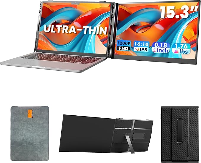 Laptop Screen Extender, Ultra-Thin 15.3" FHD 1200P 16:10 Portable Monitor for Laptop, Lightweight Dual Monitor Extender Plug & Play for 14.2"-17.3" Laptops, Compatible with Wins/Mac/Chrome/Linux