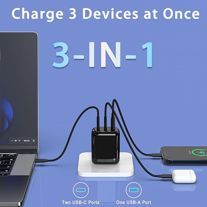 67W USB C Wall Charger, 3-Port GaN Fast Charger Block,Replacement for MacBook Pro/Air, iPad, iPhone 15/14/Pro, Galaxy, Pixel, Apple Watch and More
