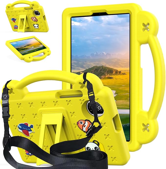 AKABEILA Compatible with Honor Pad X7 8.7 inch 2025 Tablet Case, Kids Friendly Universal Lightweight Shockproof Protective Case with Shoulder Strap & Stand Handle Yellow