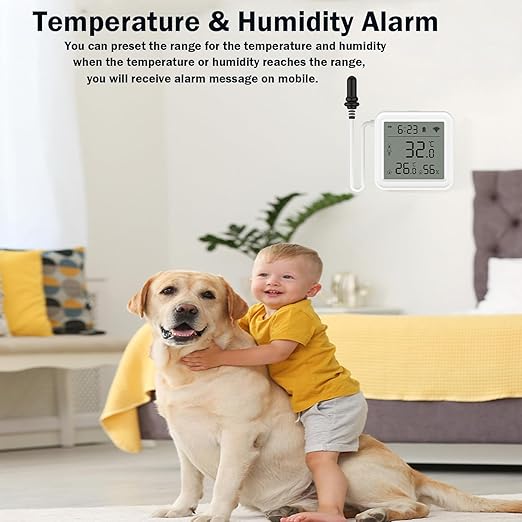WiFi Thermometer Hygrometer: Smart Humidity Sensor with Temperature Sensor Probe, Remote APP Alert, Digital Temperature Monitor for Food Storage Brewing Fish Tank, Compatible with Alexa (1 Pack)